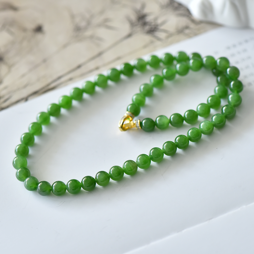 凌云阁天然和田玉碧玉圆珠项链约8阳绿时尚百搭