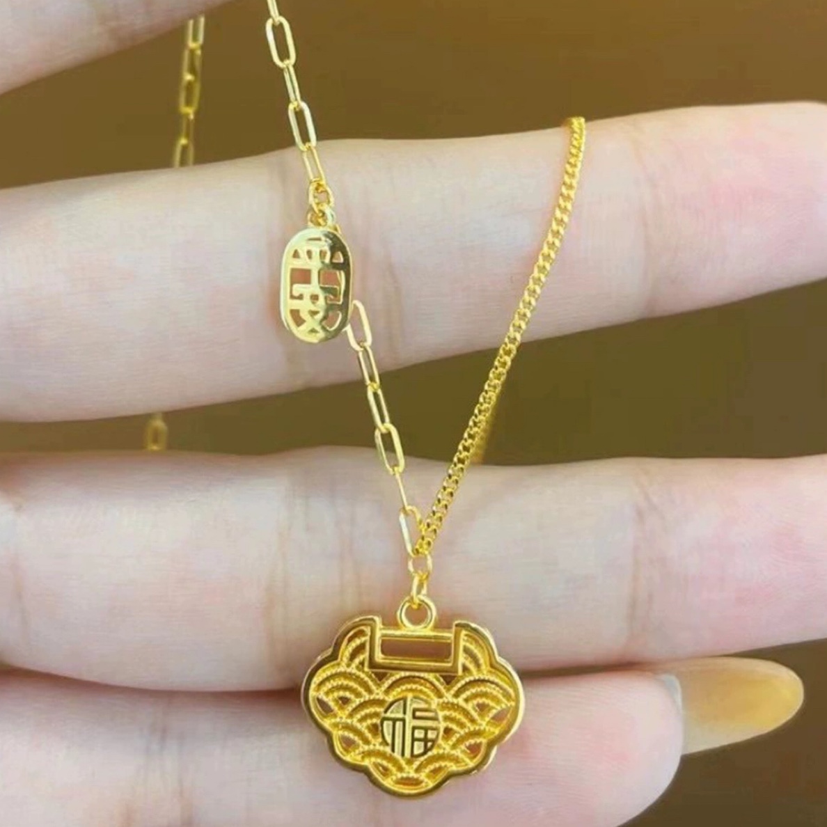 5G工艺足金999时尚百搭双面复古平安祥云福锁套链