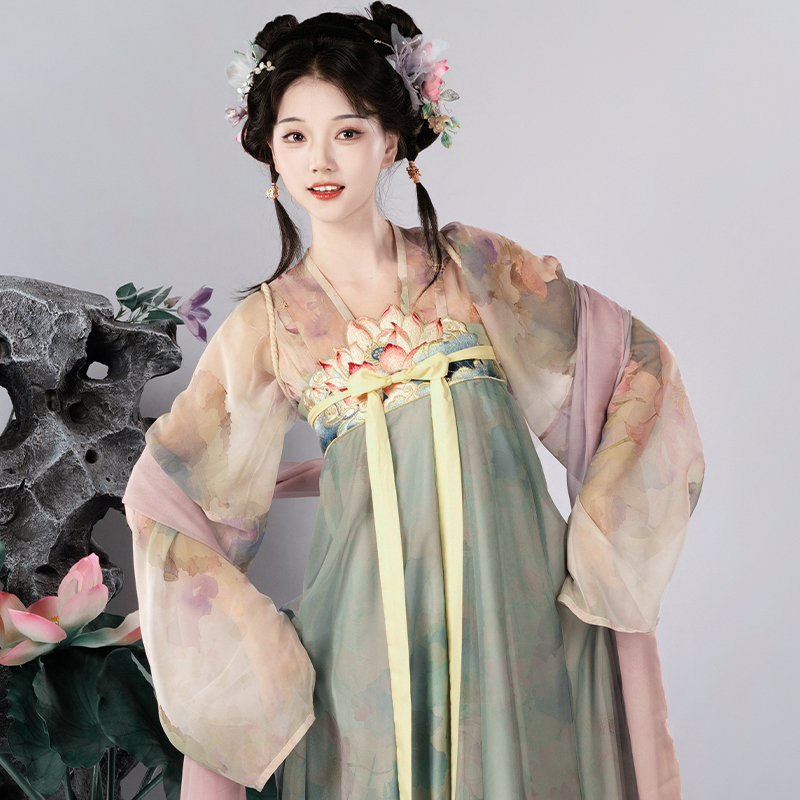 山迟【惊墨】汉服荷花唐制风显瘦齐胸襦裙上衫破裙夏清凉套装少女