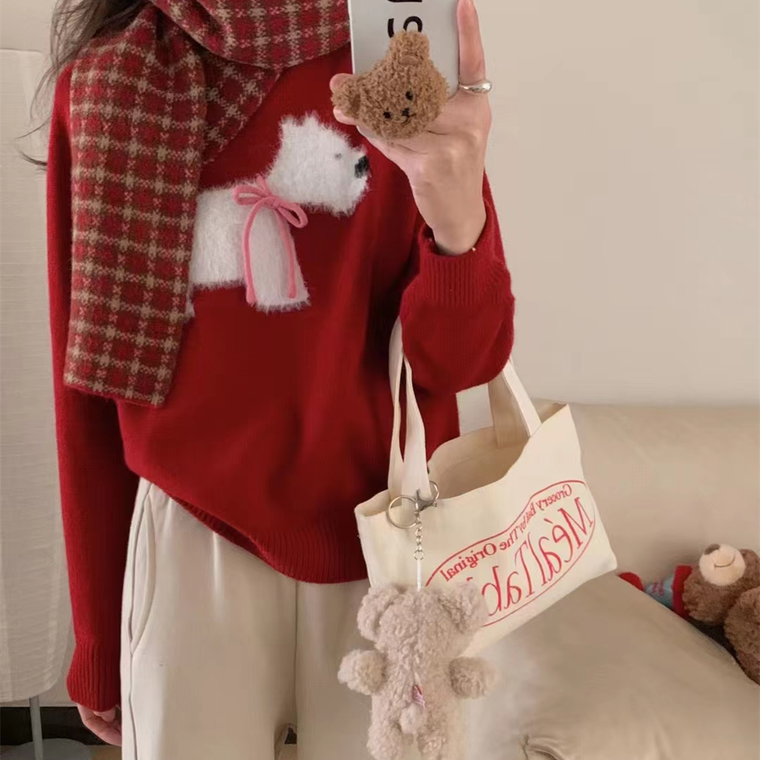 慵懒风软萌小狗提花圆领套头毛衣女秋冬新款显瘦减龄针织衫上衣