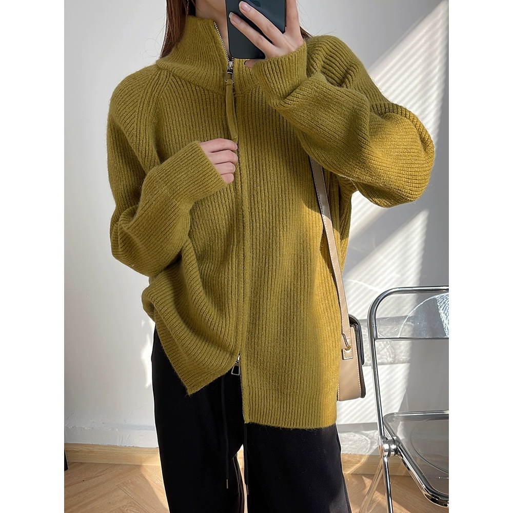 高领双拉链高级感毛衣女加厚冬季新款宽松坑条针织衫设计感外套潮