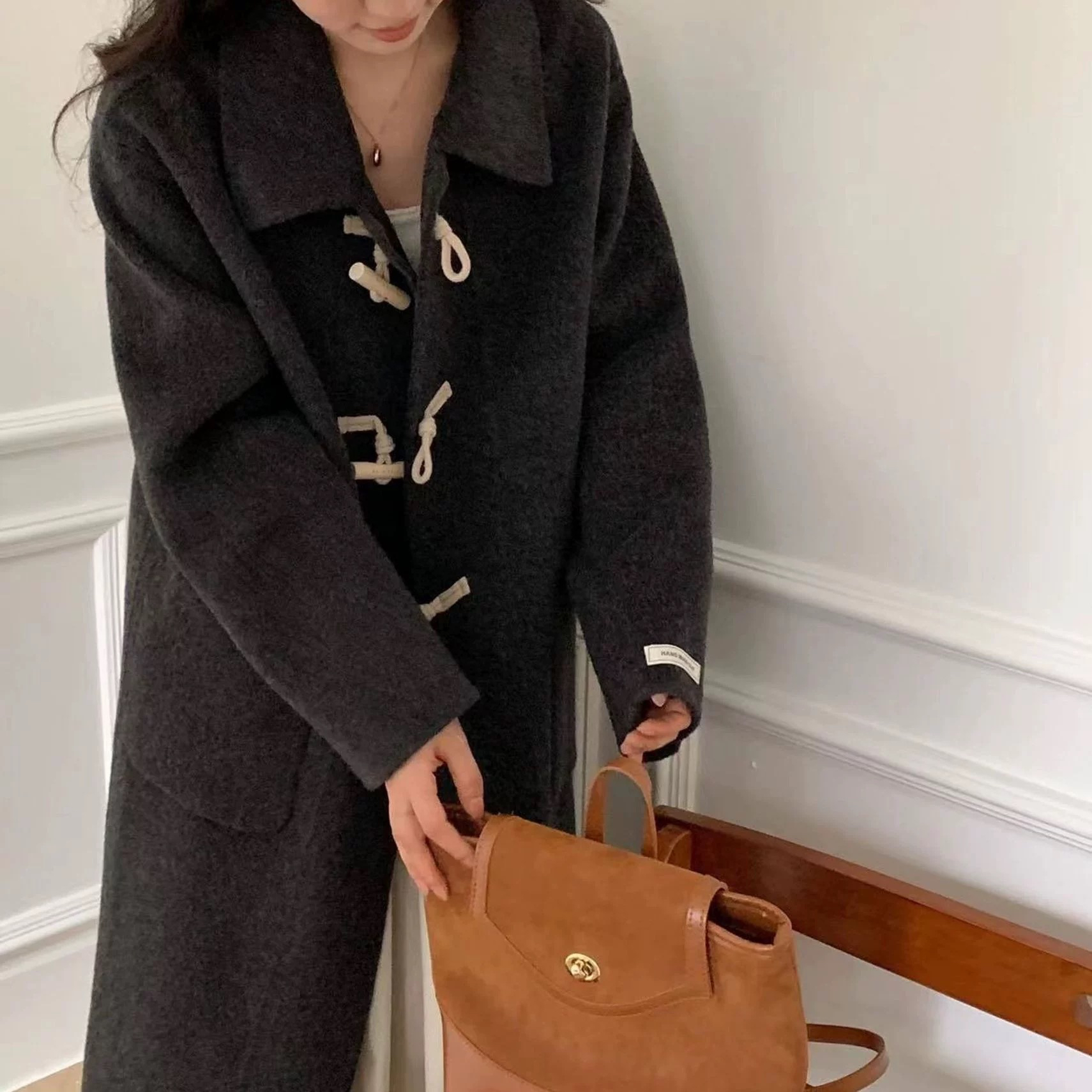 新款高级感学院风韩系牛角扣大衣双面羊毛大衣女外套