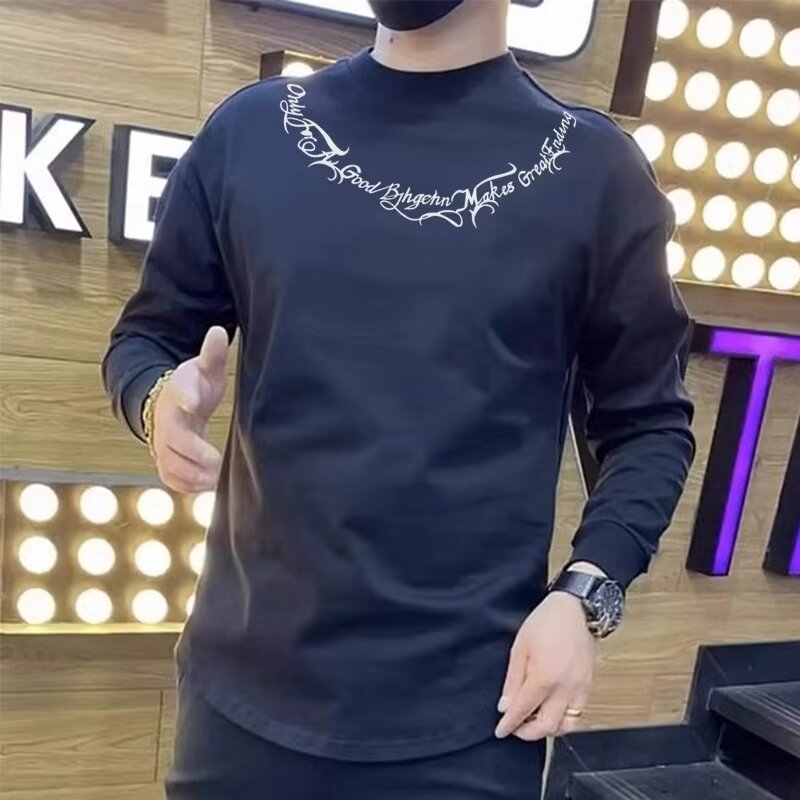 高品质秋冬新款长袖T恤男加绒圆领印花弧形下摆燕尾卫衣打底上衣