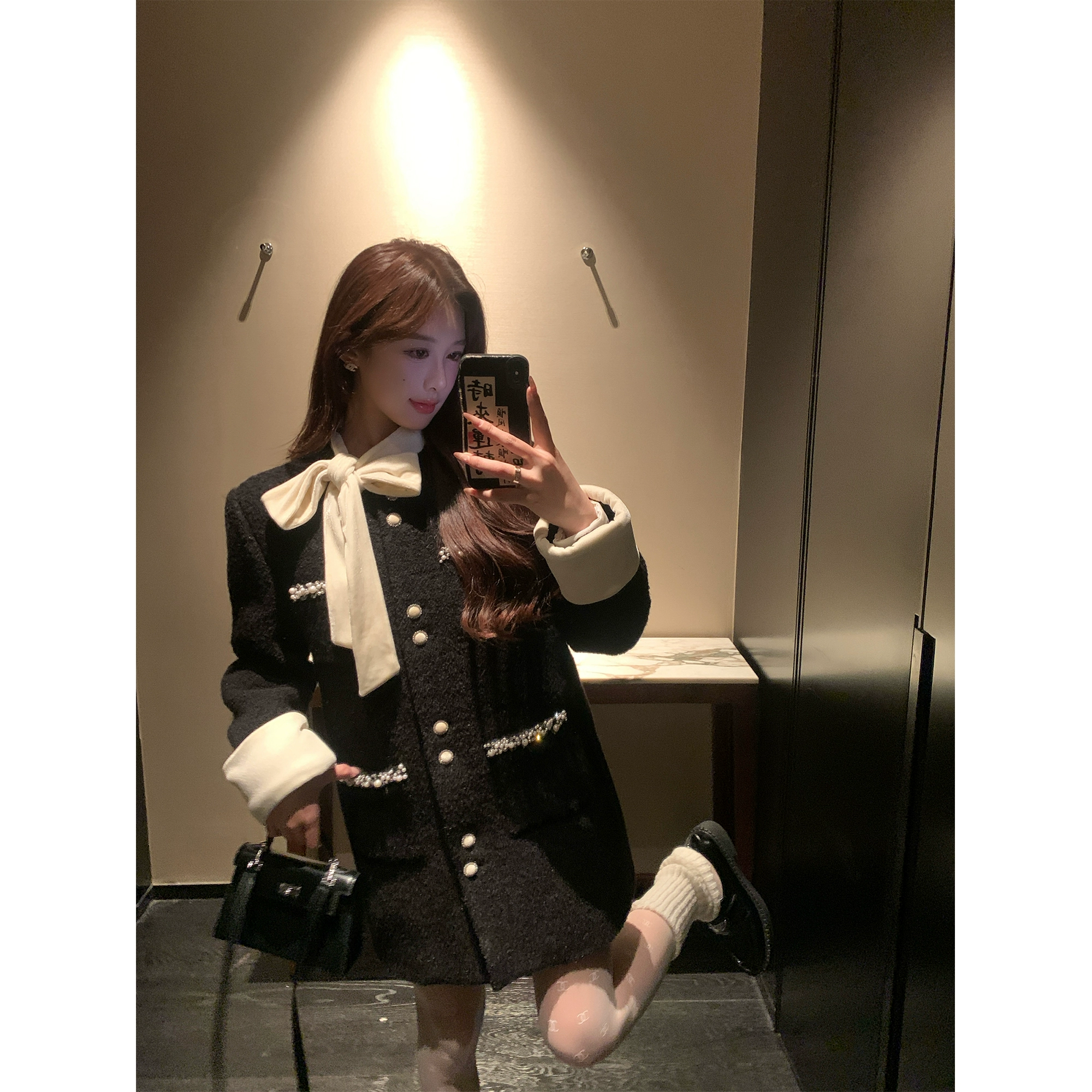 夏天家 48%羊毛法式气质撞色丝绒飘带夹棉小香风外套秋冬季新款女