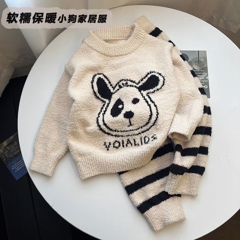 童装儿童套装半边绒家居服毛衣两件套宝宝保暖冬装软糯男女童睡衣