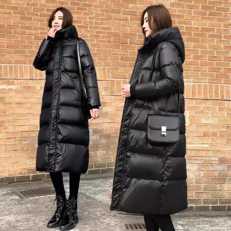 新款加厚长款黑色羽绒棉服长款过膝懂年新款亮面韩版宽松棉衣款