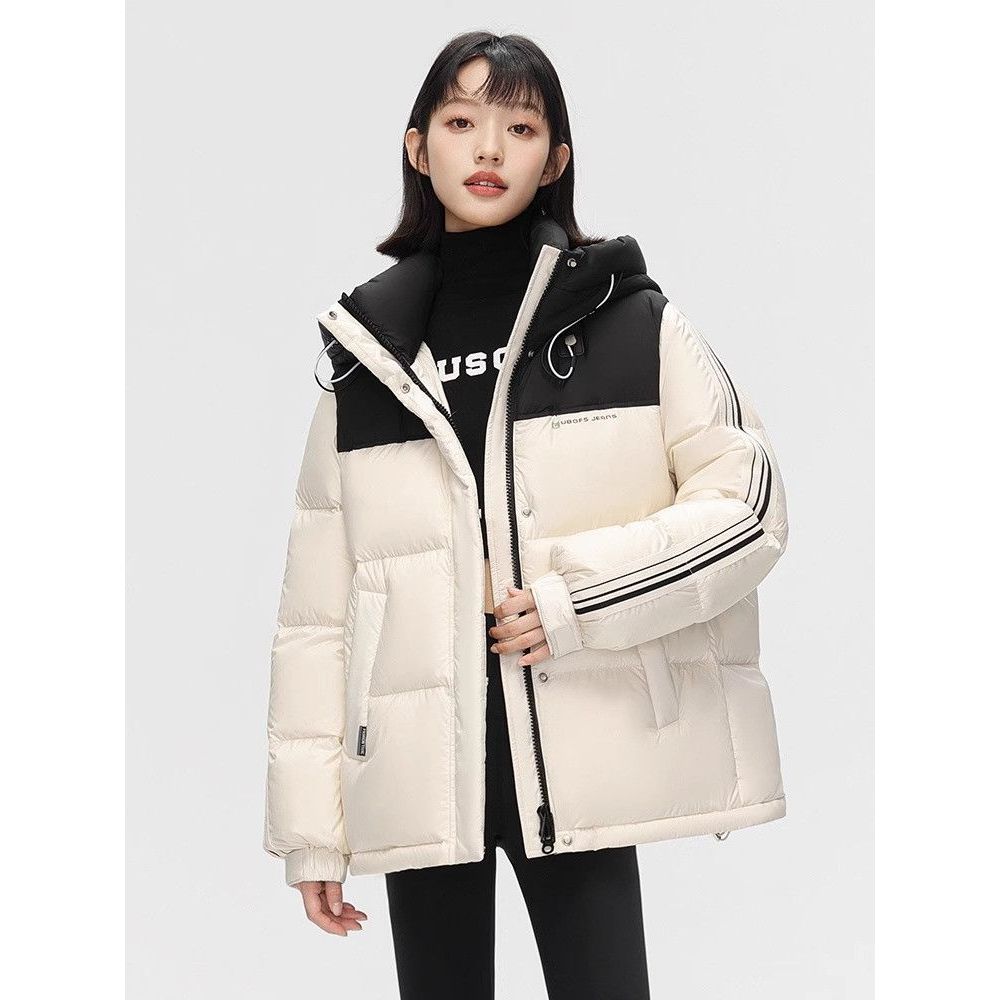 新款短款羽绒服女立领连帽2023新款时尚撞色小个子保暖冬季百搭