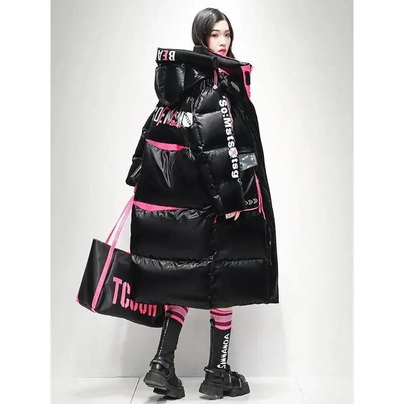 亮面免羽绒服女2023冬新款潮牌宽松洋气过膝长款保暖拼接面包服