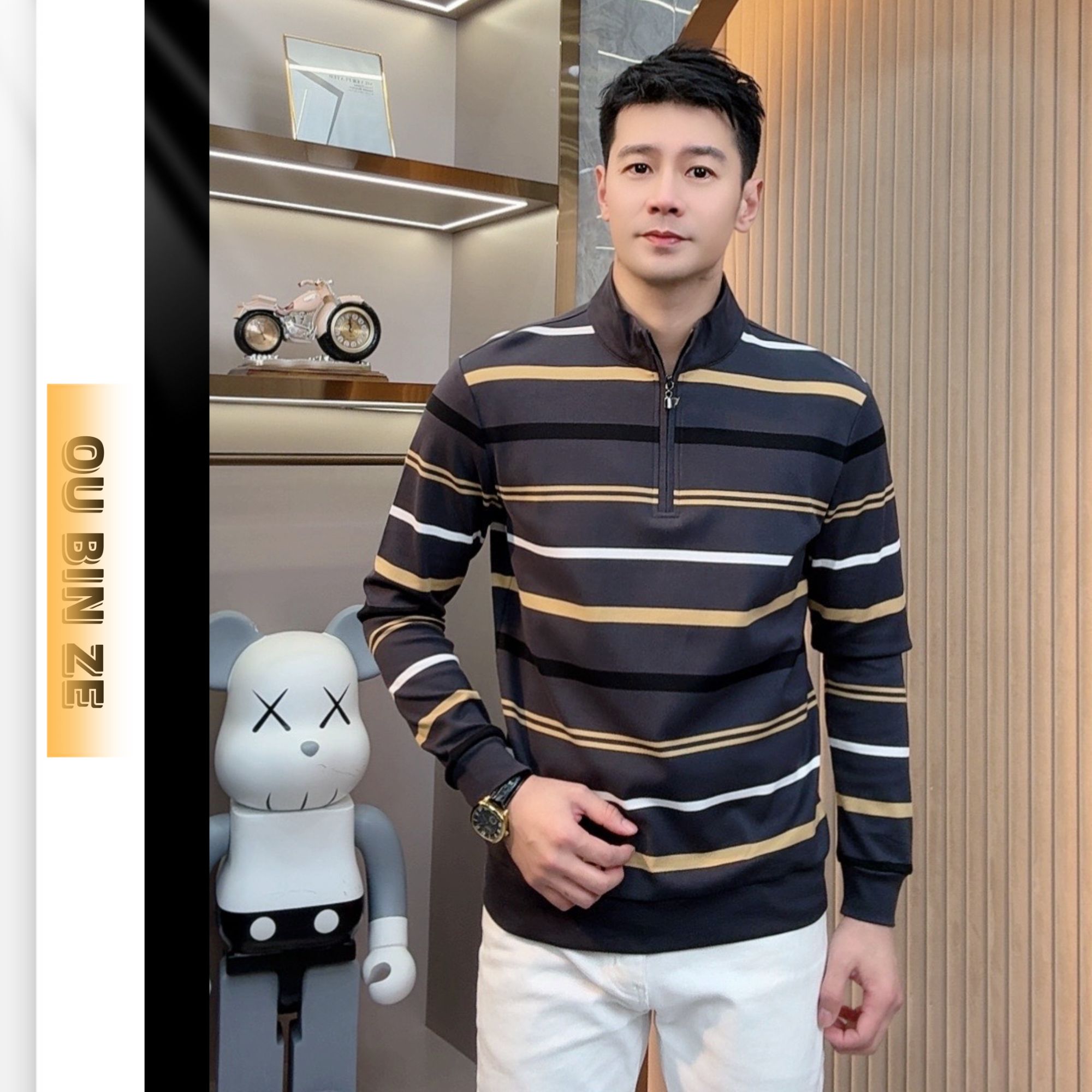  欧彬泽【】2024男士秋季翻领高领休闲半拉链条纹长袖卫衣3108