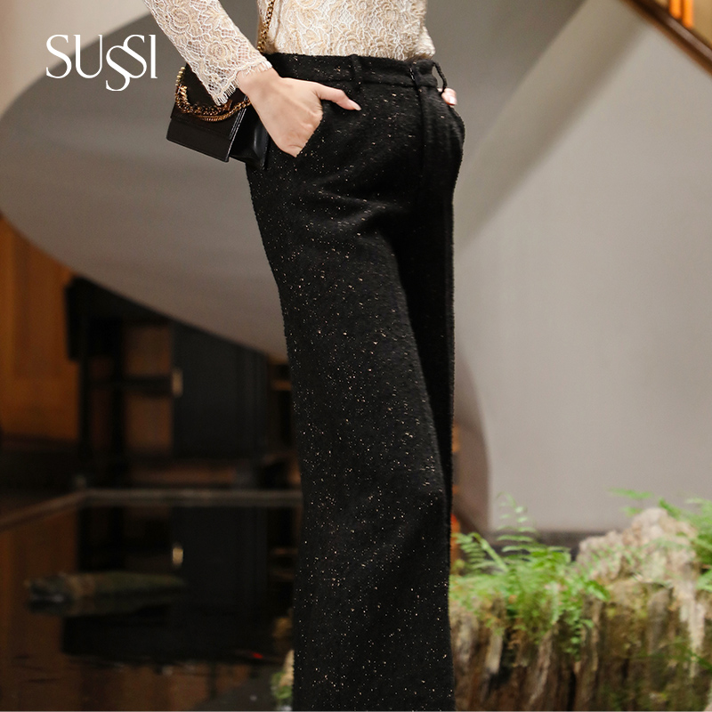 SUSSI/古色23冬黑色直筒粗花呢百搭显瘦裤子女113AX420206