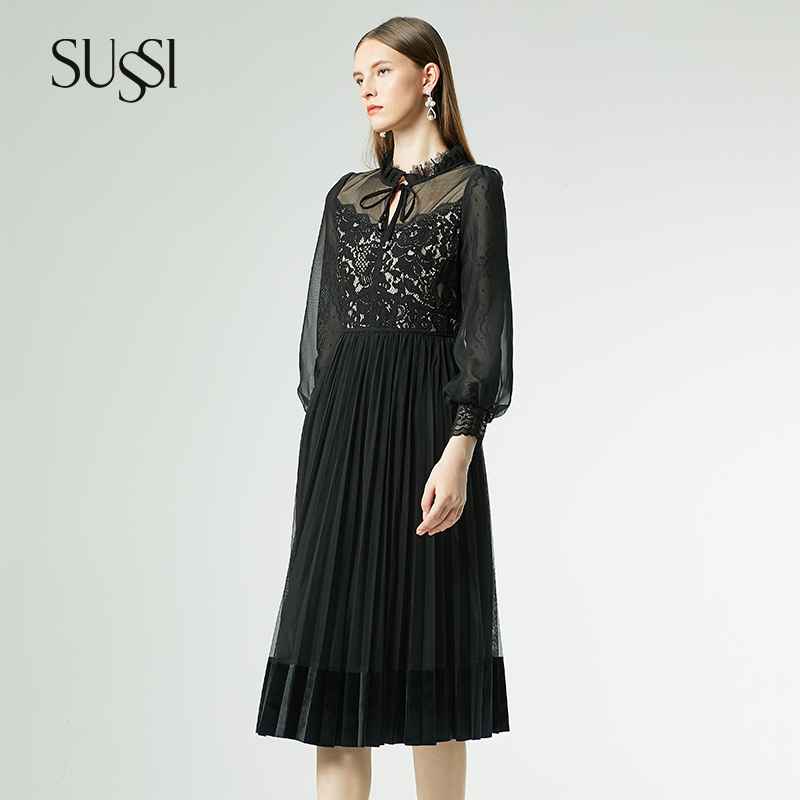 SUSSI/古色小立领黑色下摆拼丝绒连衣裙女装39370401