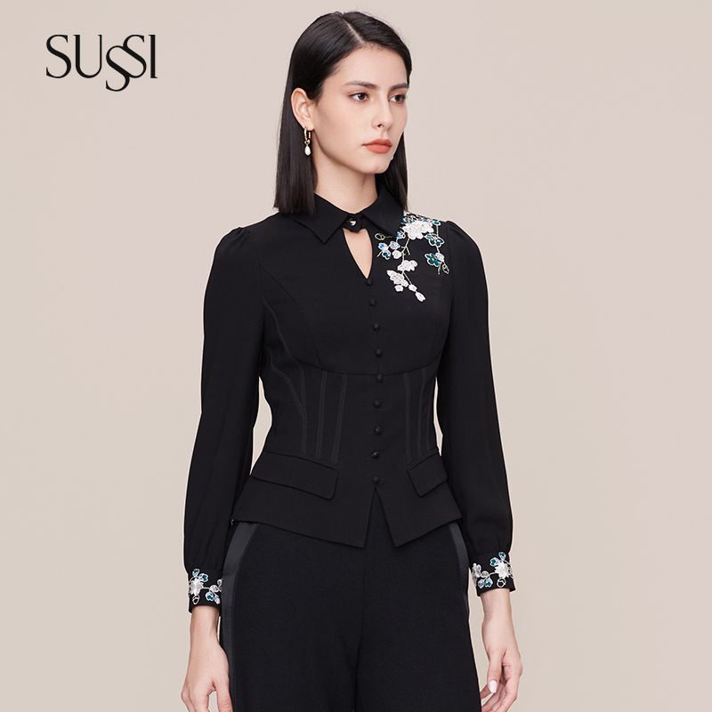 SUSSI/古色冬季新品商场同款贴刺绣V型镂空翻领上衣11AV4020220