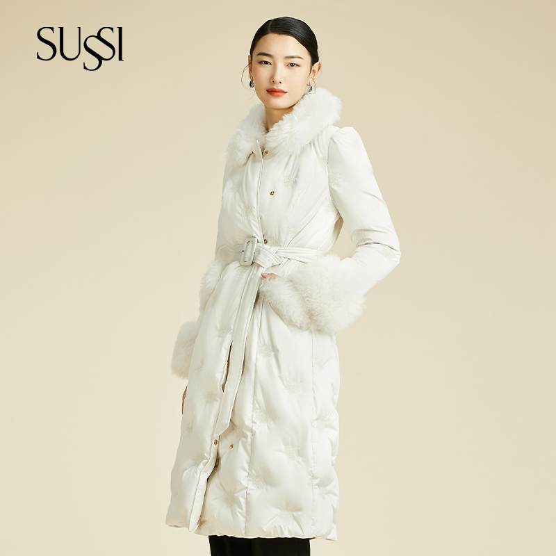 SUSSI/古色冬季新品米白毛条领长款保暖中长款大衣12AW4125420