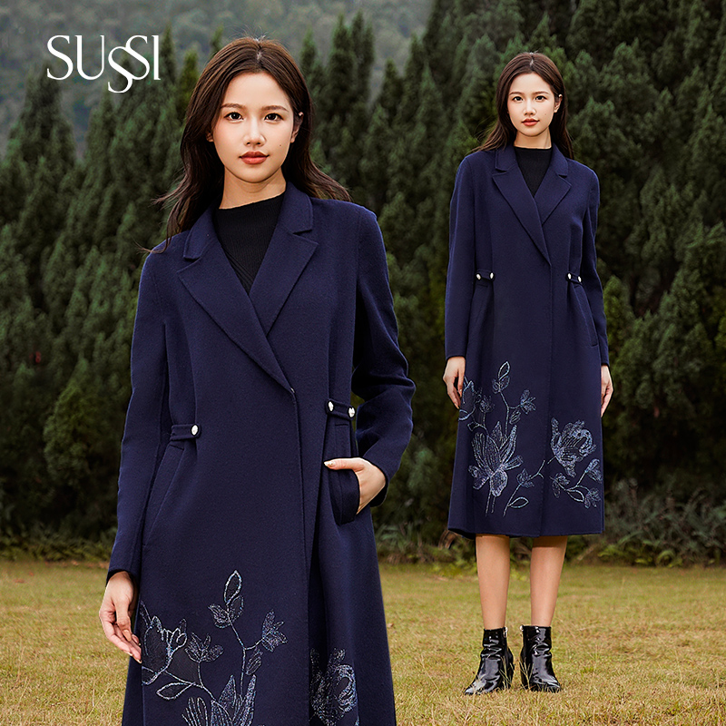 SUSSI/古色23冬商场同款翻领绒大衣刺绣显白气质外套女