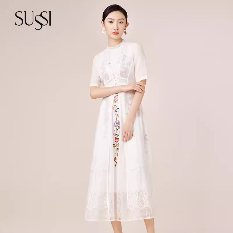 SUSSI古色24夏商场同款白色防晒空调衫蕾丝拼接长款开衫外套女