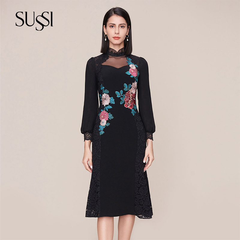 SUSSI/古色24春商场同款黑色贴刺绣拼接蕾丝摆连衣裙