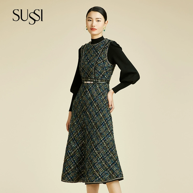 SUSSI/古色冬季新品商场同款粗花呢无袖皮带收腰小香风连衣裙