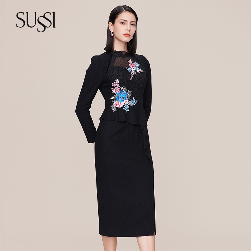 SUSSI/古色24春商场同款黑色高级感刺绣长袖连衣裙女
