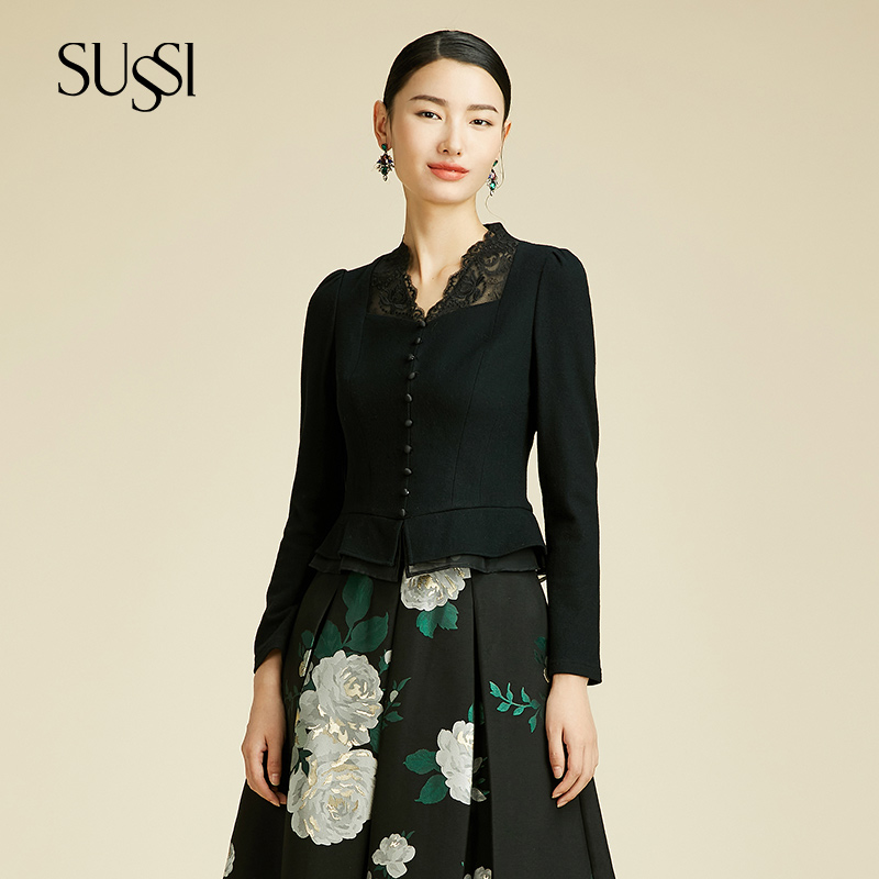 SUSSI/古色冬季新品商场同款黑色花边蕾丝V领排扣荷叶边上衣女