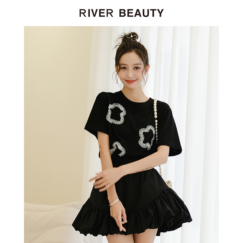 【CC专属】RB T恤女钉珠网纱花朵上衣 RT21317127