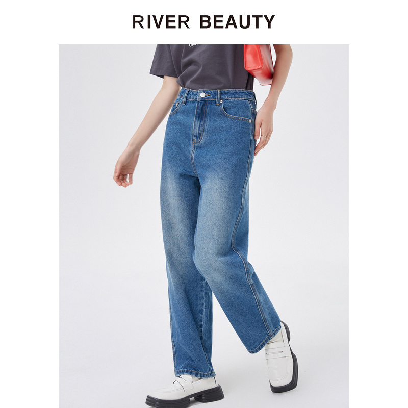 【小水专属】RB 宽松直筒裤子女蓝色水洗牛仔裤长裤  RK22327131