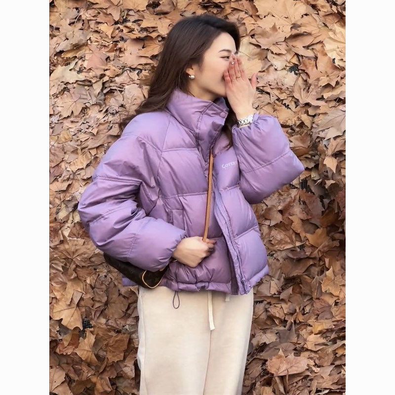 鸭鸭欧货白鸭绒羽绒服女短款外套2023冬立领宽松小个子面包服加厚