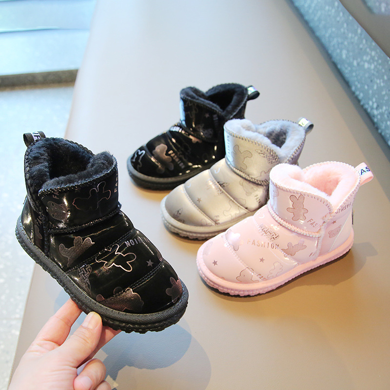 儿童雪地靴2023冬款女童棉靴皮面防水男童短靴加绒加厚中大童棉鞋