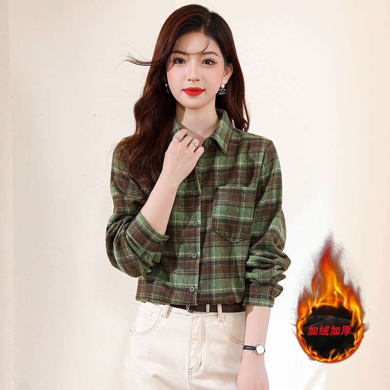 韩版休闲格子打底衬衫女秋季新款高级感加绒外穿洋气长袖外套上衣