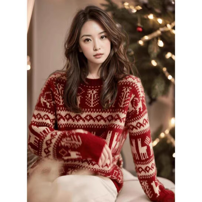 过新年红色毛衣针织衫女秋季新款加厚慵懒风显瘦打底长袖内搭上衣