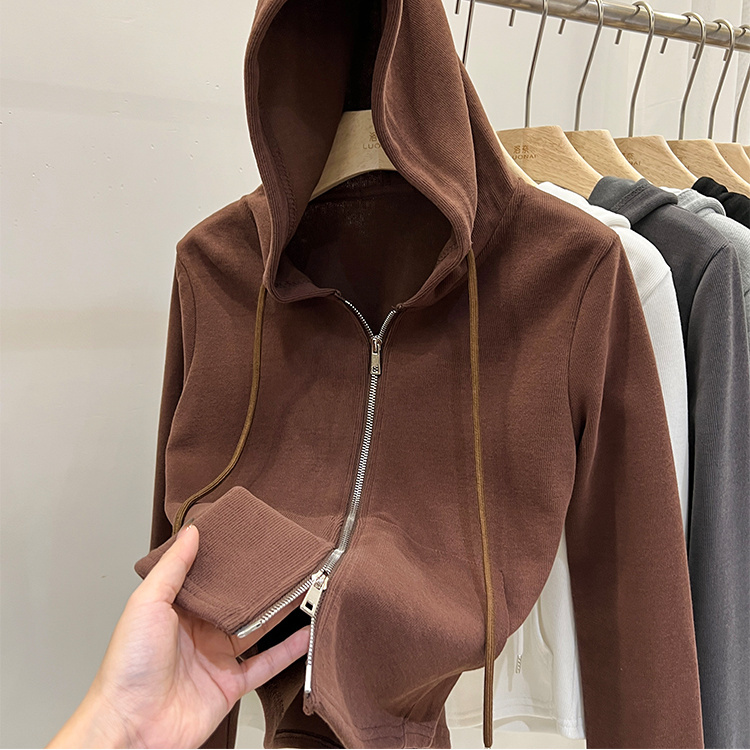 Z美式连帽长袖T恤女开衫秋冬2023新款拉链上衣洋气加厚打底衫外搭