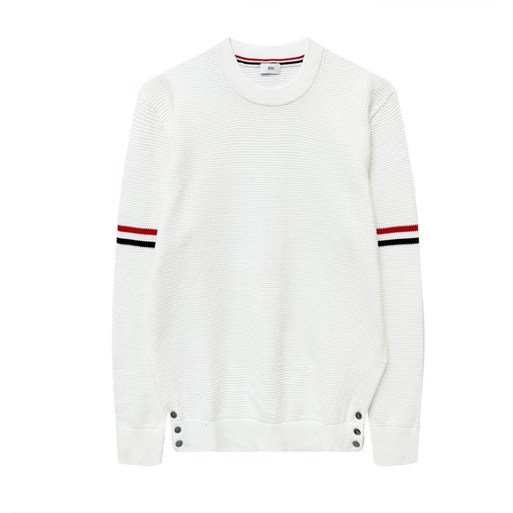 Dite迪特男款春秋纯色开叉长袖针织拼色圆领毛衣袖子彩条华夫格纹