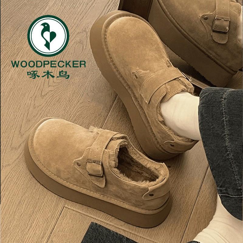啄木鸟加绒加厚勃肯棉鞋女厚底2025秋冬季新款百搭懒人一脚蹬棉鞋
