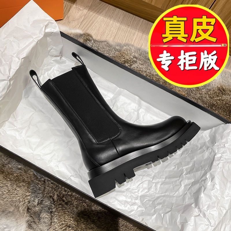 红蜻蜓牌全牛皮内增高马丁靴女英伦风中筒厚底切尔西短靴烟筒靴子