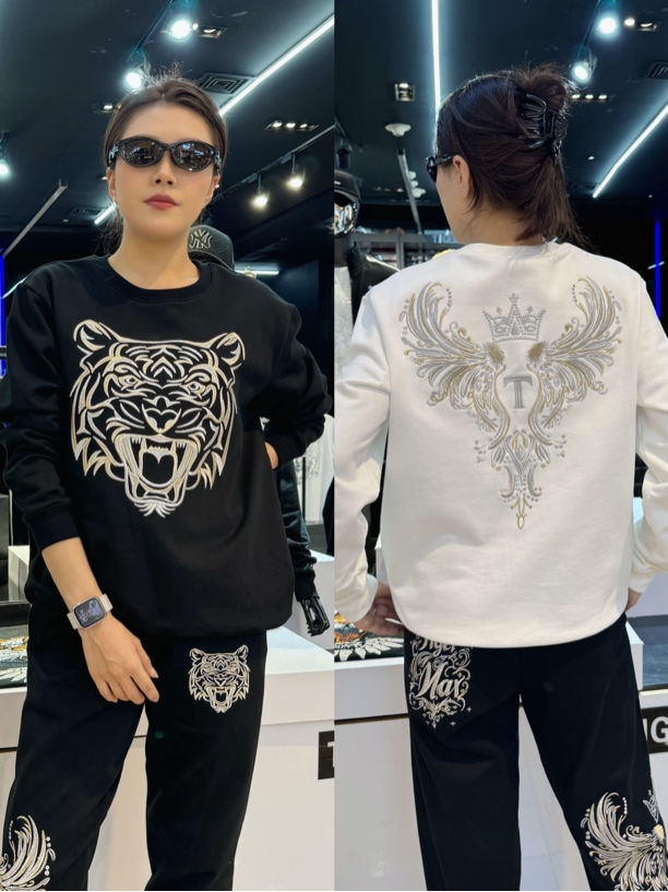 TIGERMAX 潮牌男女同款重工金银丝刺绣皇冠圆领卫衣WY240908