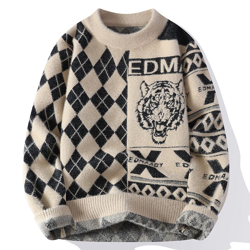 潮牌半高领毛衣男士秋冬季虎头提花个性打底针织衫防貂保暖线衣