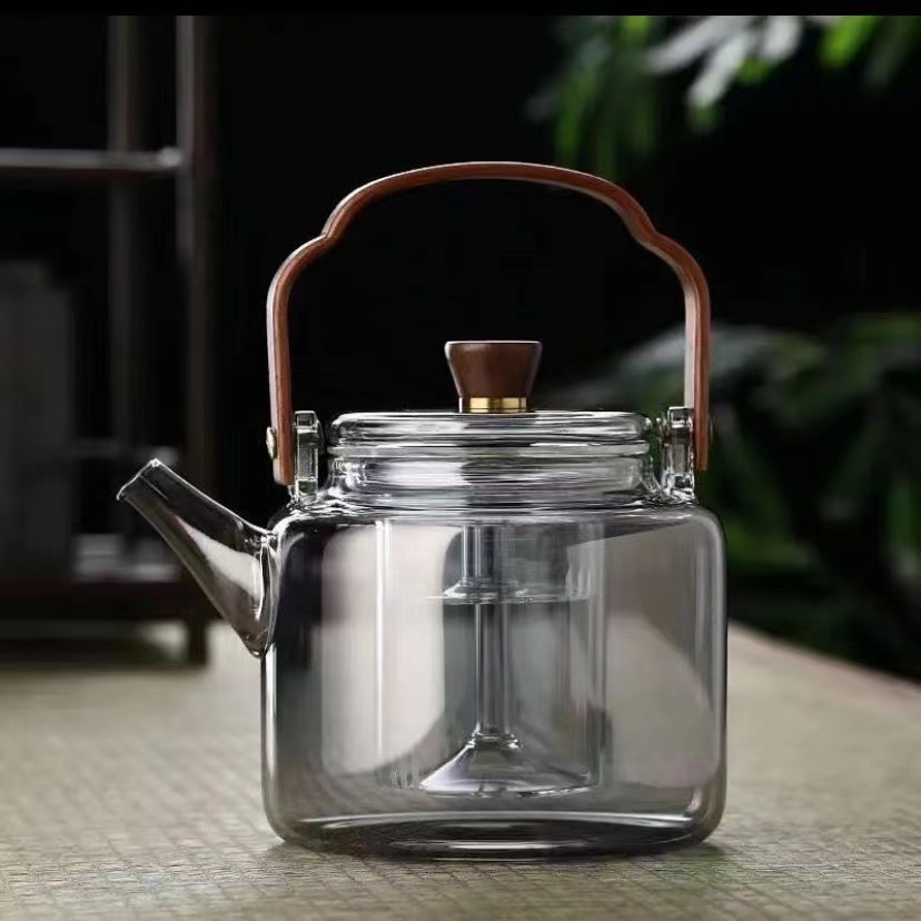 烟灰色四代提梁壶玻璃盖玻璃蒸煮一体双内胆提梁壶茶道配件烧水壶