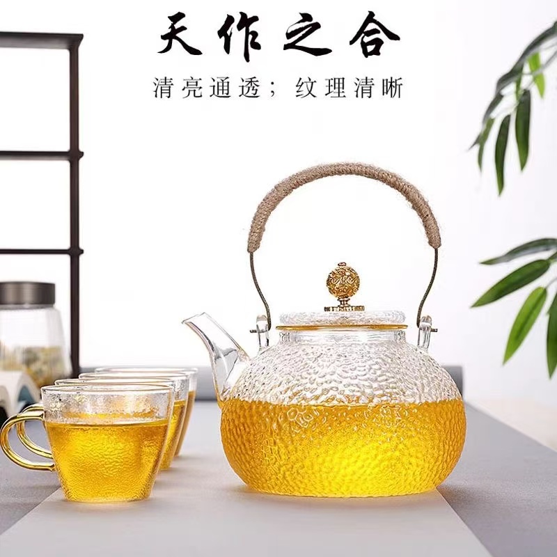 铜把提梁壶玻璃煮茶壶电陶炉烧水壶锤纹煮茶器铜把提梁壶玻璃壶