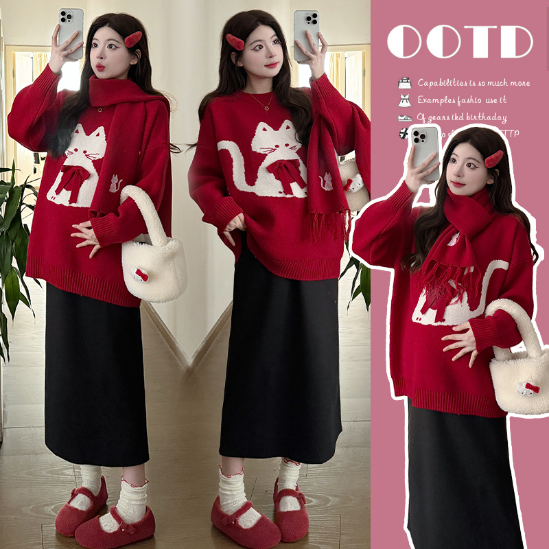 大码女装孕妇装2024秋冬新款时尚猫咪图案蝴蝶结圆领宽松红色毛衣