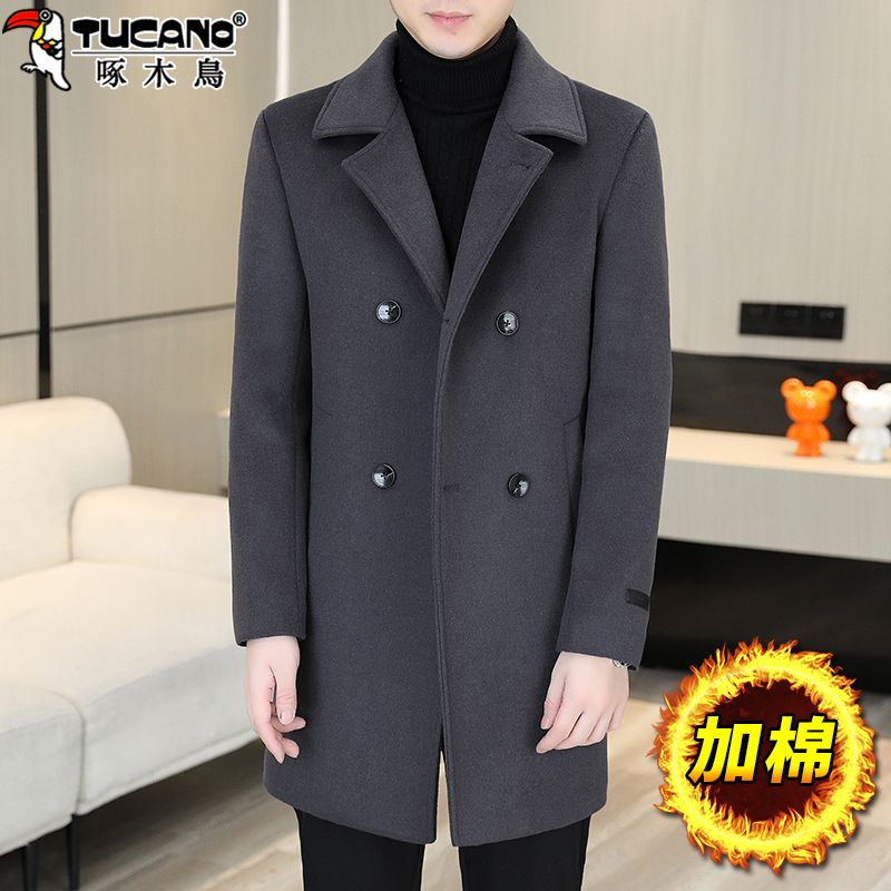 【啄木鸟】中长款毛呢大衣男士冬季加棉加厚休闲英伦呢子风衣外套
