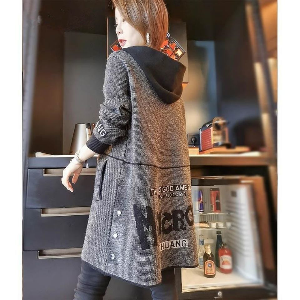 连帽风衣2023新款秋冬中长款外套百搭韩版休闲毛衣开衫