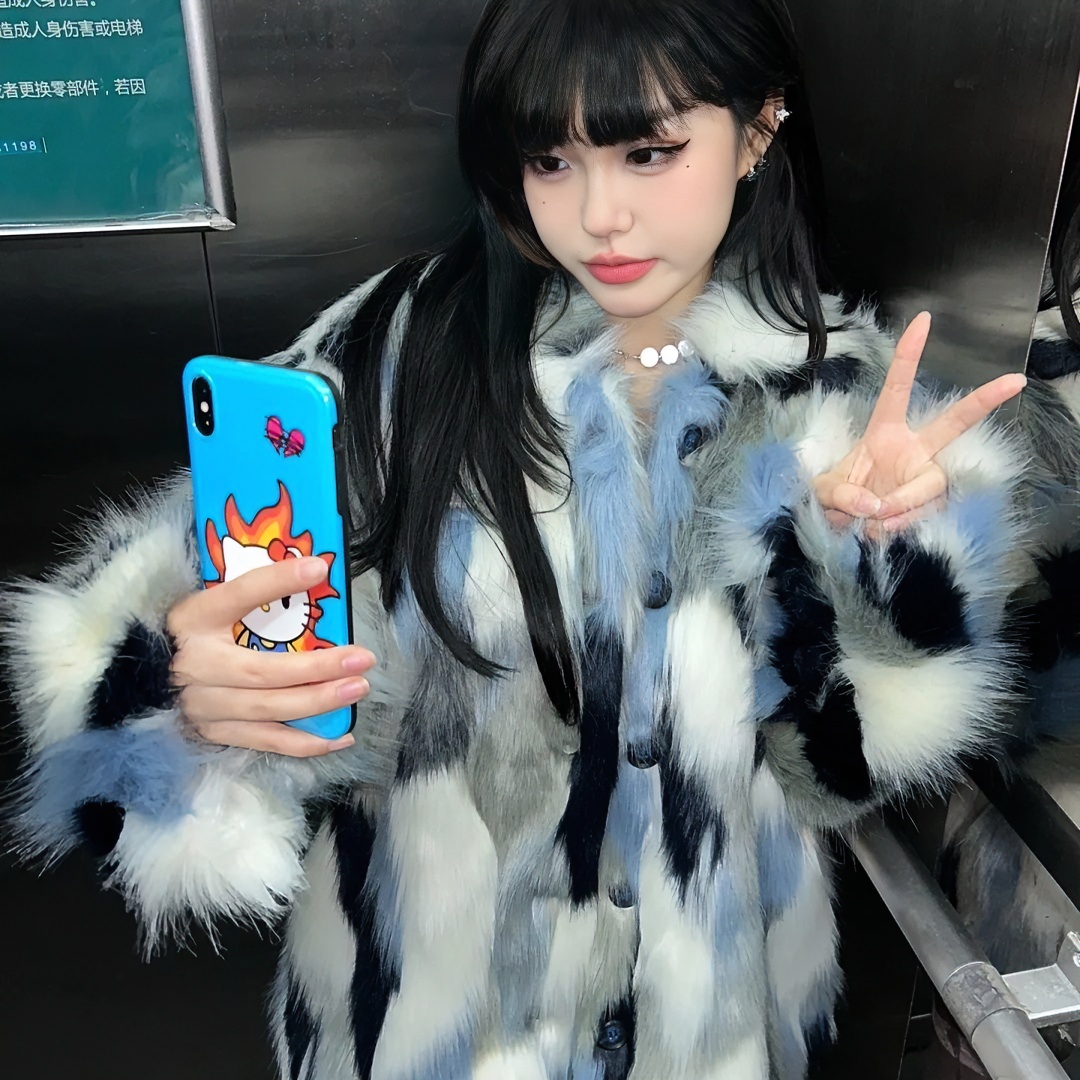 2023新款韩版休闲仿休闲毛拼色气质外套女中长款加厚环保毛毛大衣