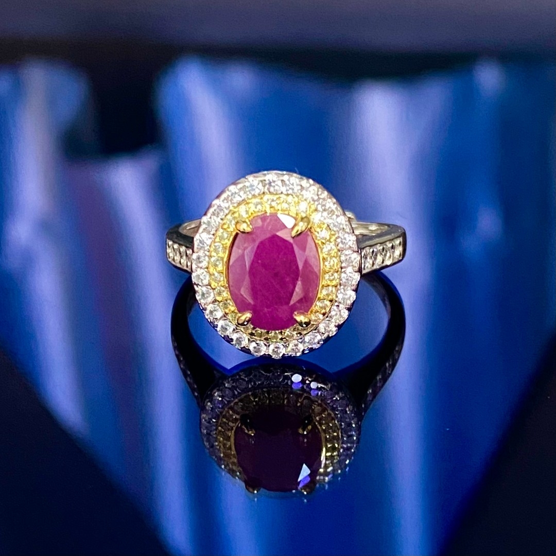 高端天然无烧红宝石S925银镀金戒指R11861基地发货配证书