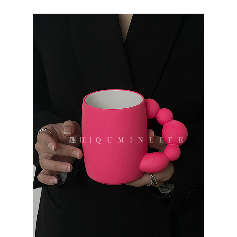 Quminins风陶瓷珠联璧合玫红色马克杯子咖啡水杯女生可爱高颜值