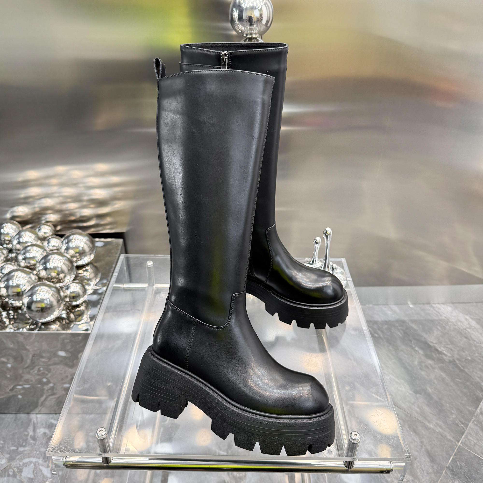 【现货】真皮高筒长靴女鞋2024秋冬季新款厚底不过膝骑士靴P7006-81