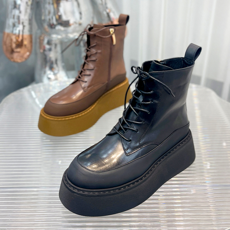【现货】2024春季新款松糕底英伦风加绒马丁靴真皮增高短靴921-18