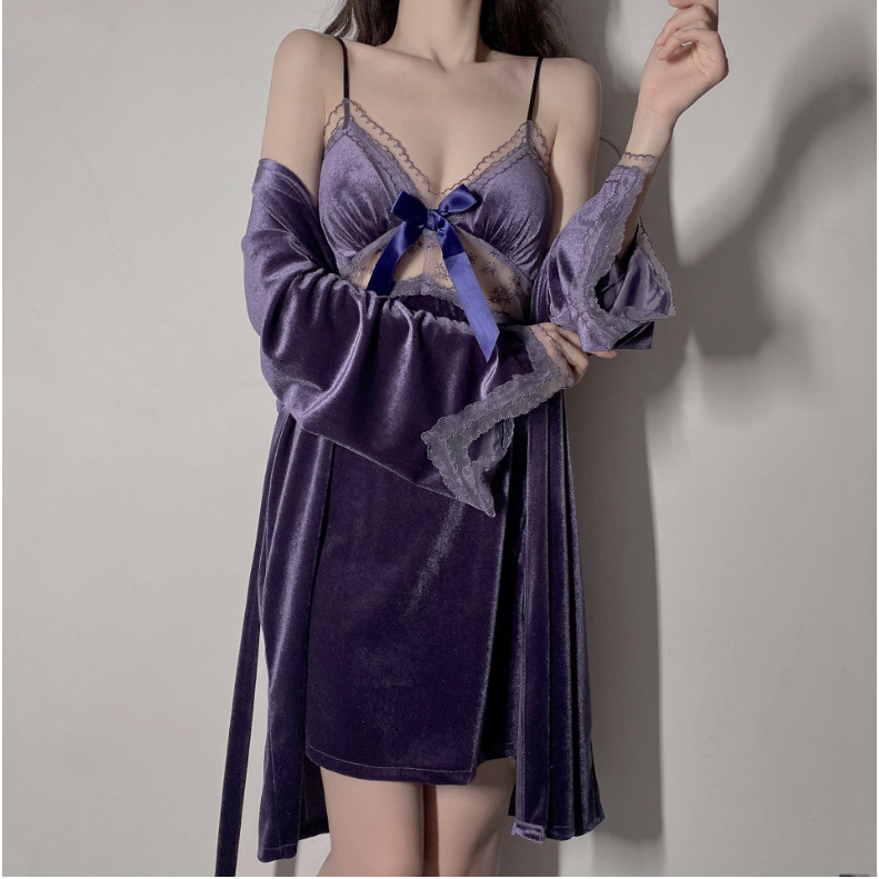 浔觅/Xunmi 秋冬性感睡衣女金丝绒睡裙带胸垫睡袍蕾丝花边家居服