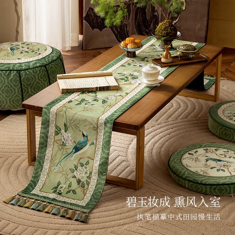 翠玉鸣鸾新中式长条桌布茶室茶旗美式复高级感轻奢桌旗五斗柜盖布