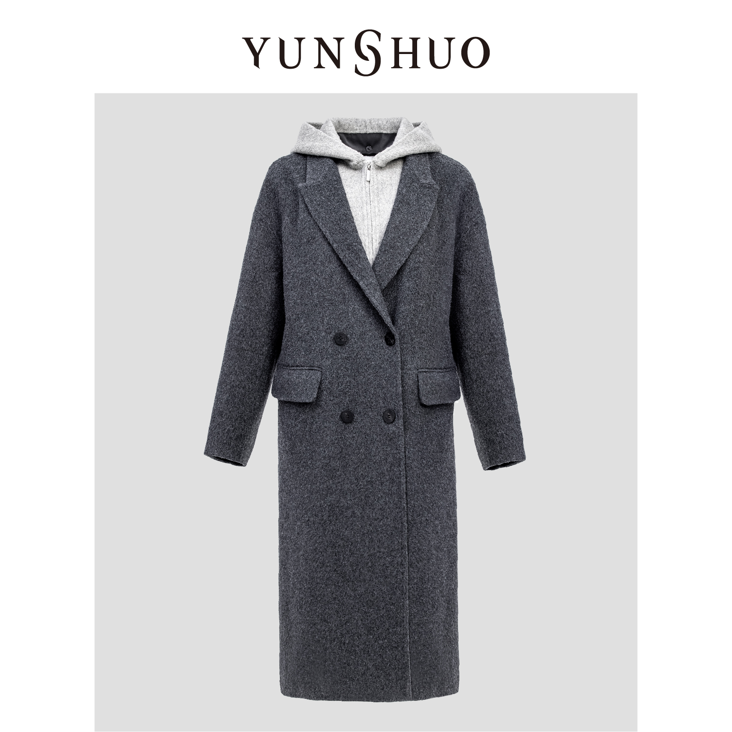 YUNSHUO允硕秋冬新品时尚百搭宽松女连帽气质简约大衣外套499149