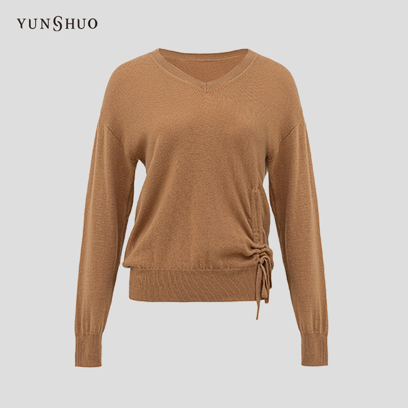 YUNSHUO新款针织毛衣女抽绳下摆V领上衣套头毛衫739431