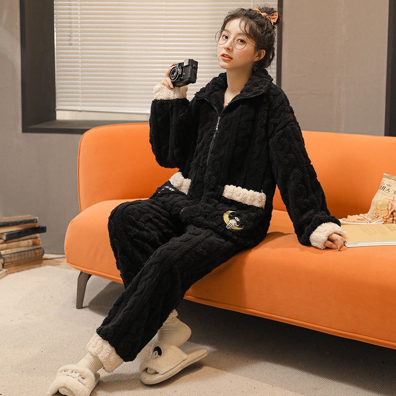 厚绒冬款保暖戴帽加绒女士睡衣宽松加厚居家外出穿韩版家居服套装